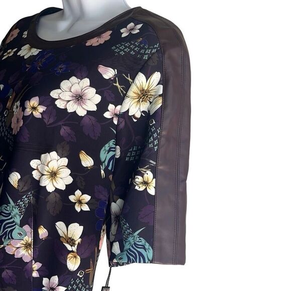 Marc Cain Purple Floral Bird Faux Leather Trim Dress Pockets US 12 N5 NWT $440 - Picture 4 of 12